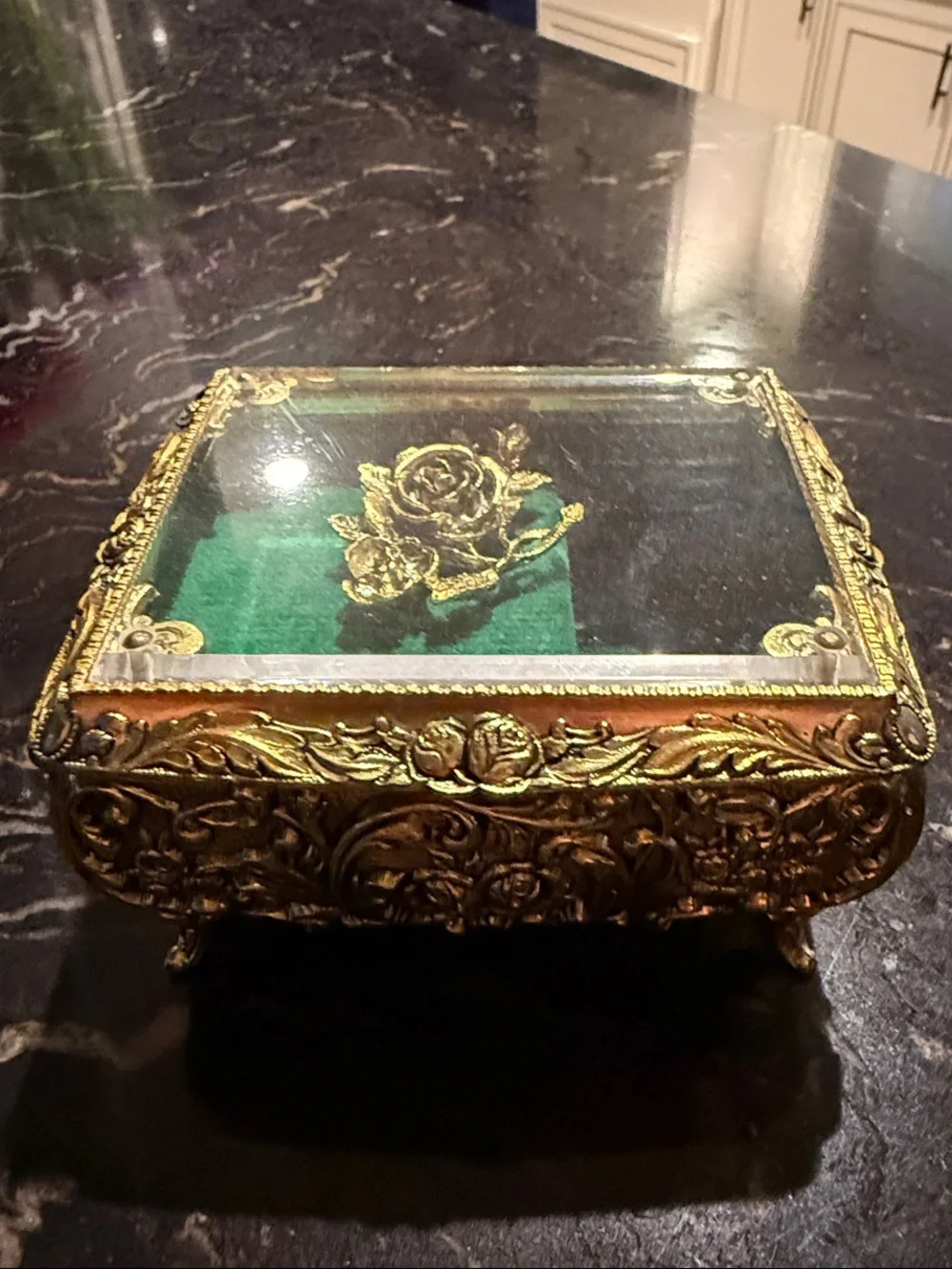 Ornate Gold Glass Top Jewelry Box with Green Velvet Interior